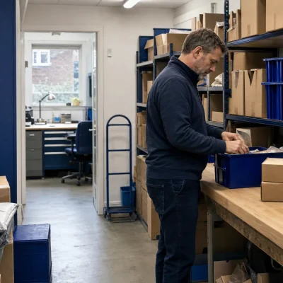 A small business stockroom shows plain cartons, shelving and an owner sorting stock in a tight everyday space.