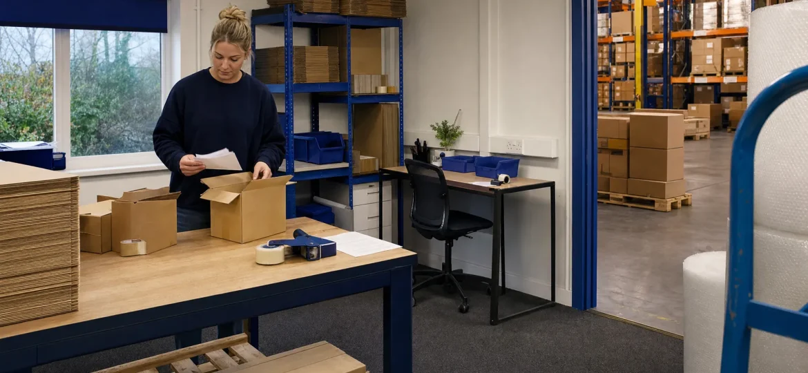 A staff member checks outgoing orders in a British stockroom linked to a warehouse.