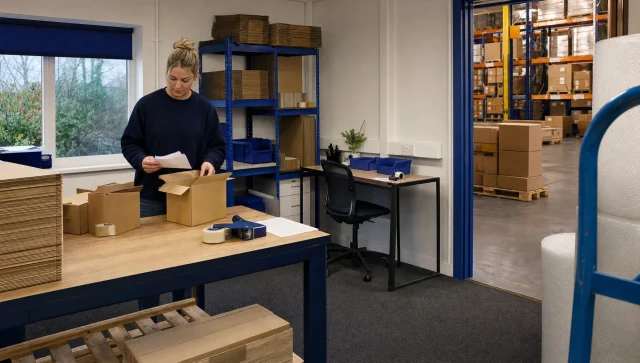 A staff member checks outgoing orders in a British stockroom linked to a warehouse.