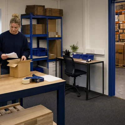 A staff member checks outgoing orders in a British stockroom linked to a warehouse.