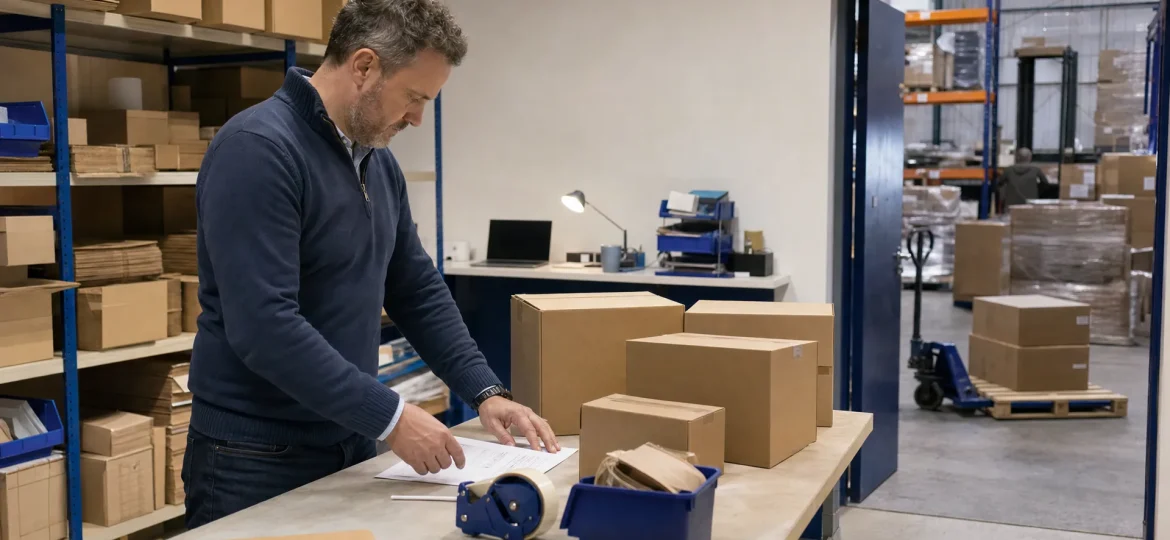 A stockroom owner organises cartons and pallets for a large wholesale order.