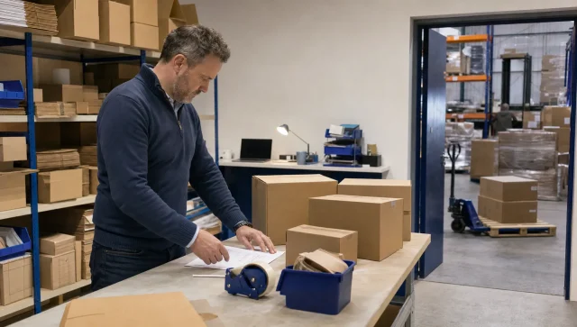 A stockroom owner organises cartons and pallets for a large wholesale order.