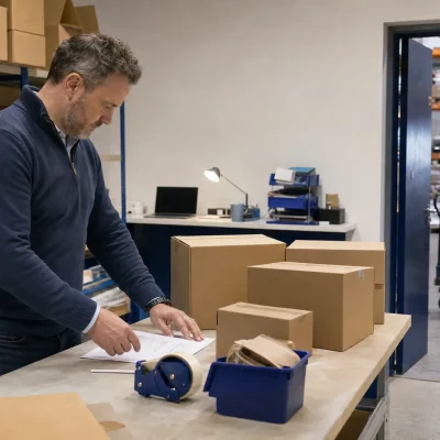 A stockroom owner organises cartons and pallets for a large wholesale order.