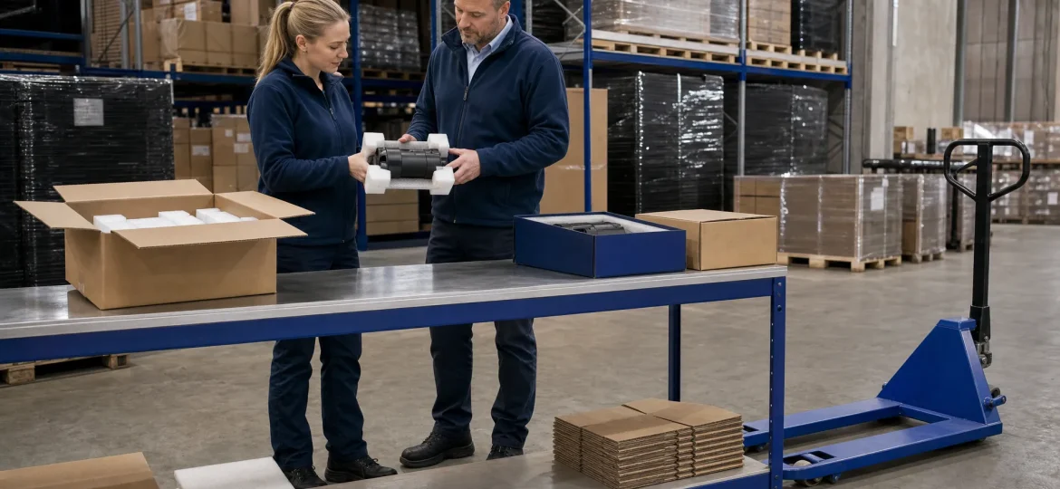 A supervisor and packer review a sample finished pack before bulk product repacking starts in a warehouse.