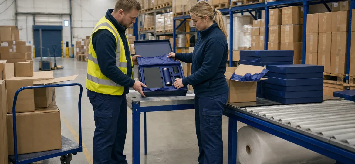 A supervisor and warehouse operative compare a finished gift set with a sample before dispatch in a UK packing bay.