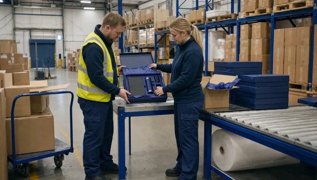 A supervisor and warehouse operative compare a finished gift set with a sample before dispatch in a UK packing bay.