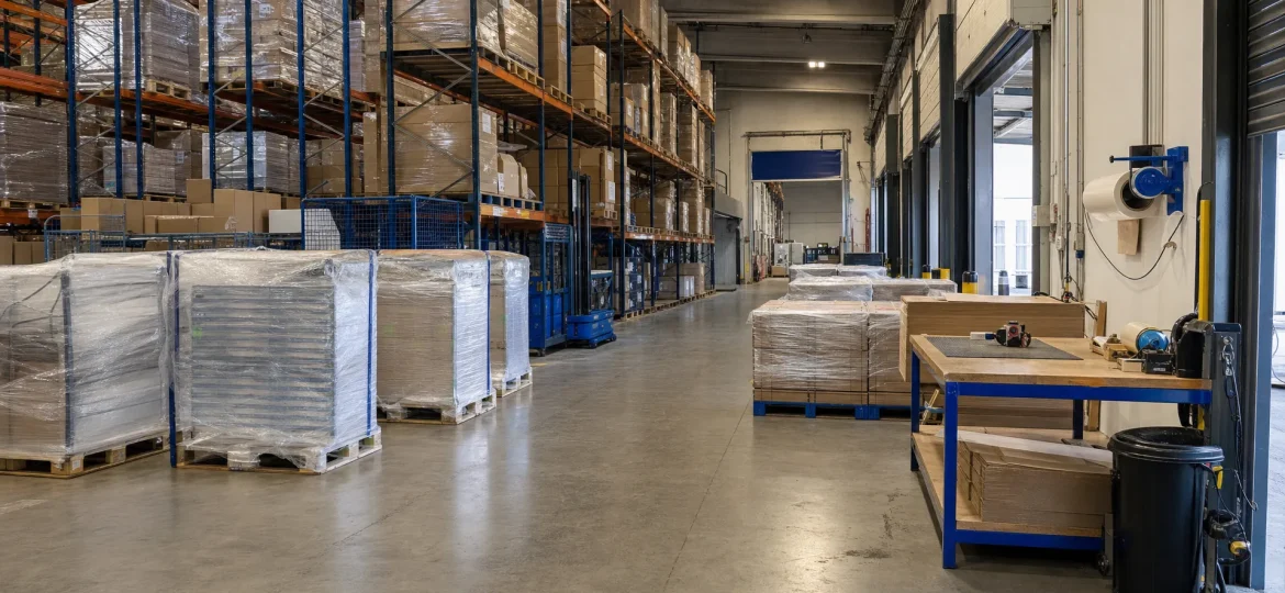 A UK fulfilment warehouse shows packing space, racking and staged pallets for labelling work.