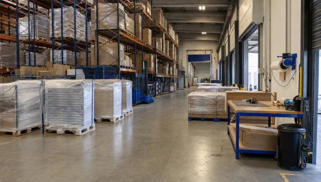 A UK fulfilment warehouse shows packing space, racking and staged pallets for labelling work.