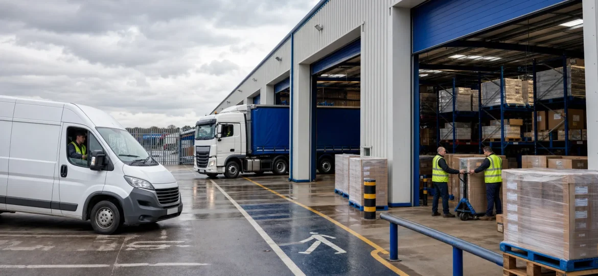 A UK logistics depot with vans, pallets and loading bays shows the setting behind two-man delivery services.