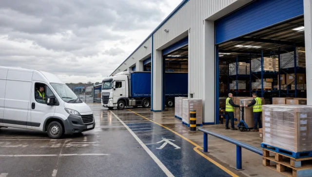 A UK logistics depot with vans, pallets and loading bays shows the setting behind two-man delivery services.