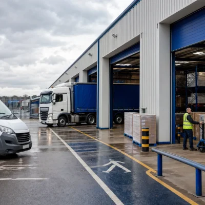A UK logistics depot with vans, pallets and loading bays shows the setting behind two-man delivery services.