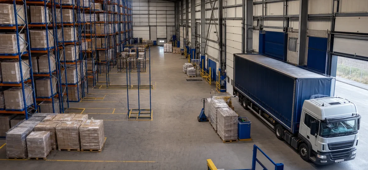 A UK logistics warehouse shows open racking, spare pallet bays and wrapped stock ready for temporary storage.