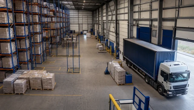 A UK logistics warehouse shows open racking, spare pallet bays and wrapped stock ready for temporary storage.