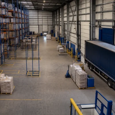 A UK logistics warehouse shows open racking, spare pallet bays and wrapped stock ready for temporary storage.