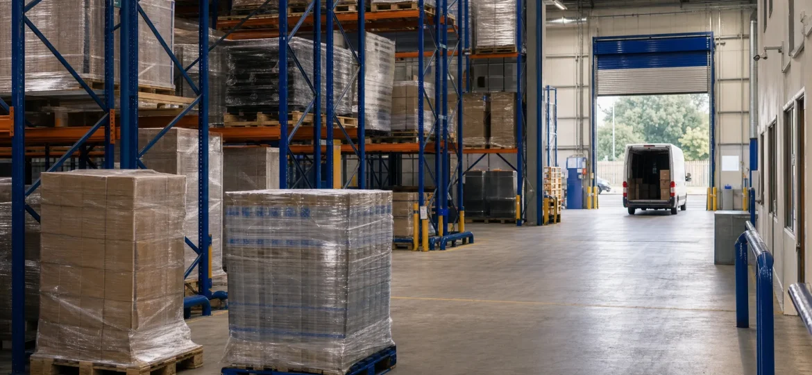 A UK warehouse with tall racking, wrapped pallets and a right-hand drive van at the loading dock for stock storage and dispatch.