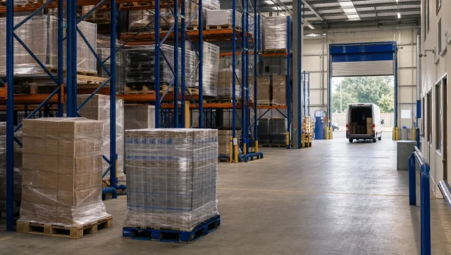 A UK warehouse with tall racking, wrapped pallets and a right-hand drive van at the loading dock for stock storage and dispatch.