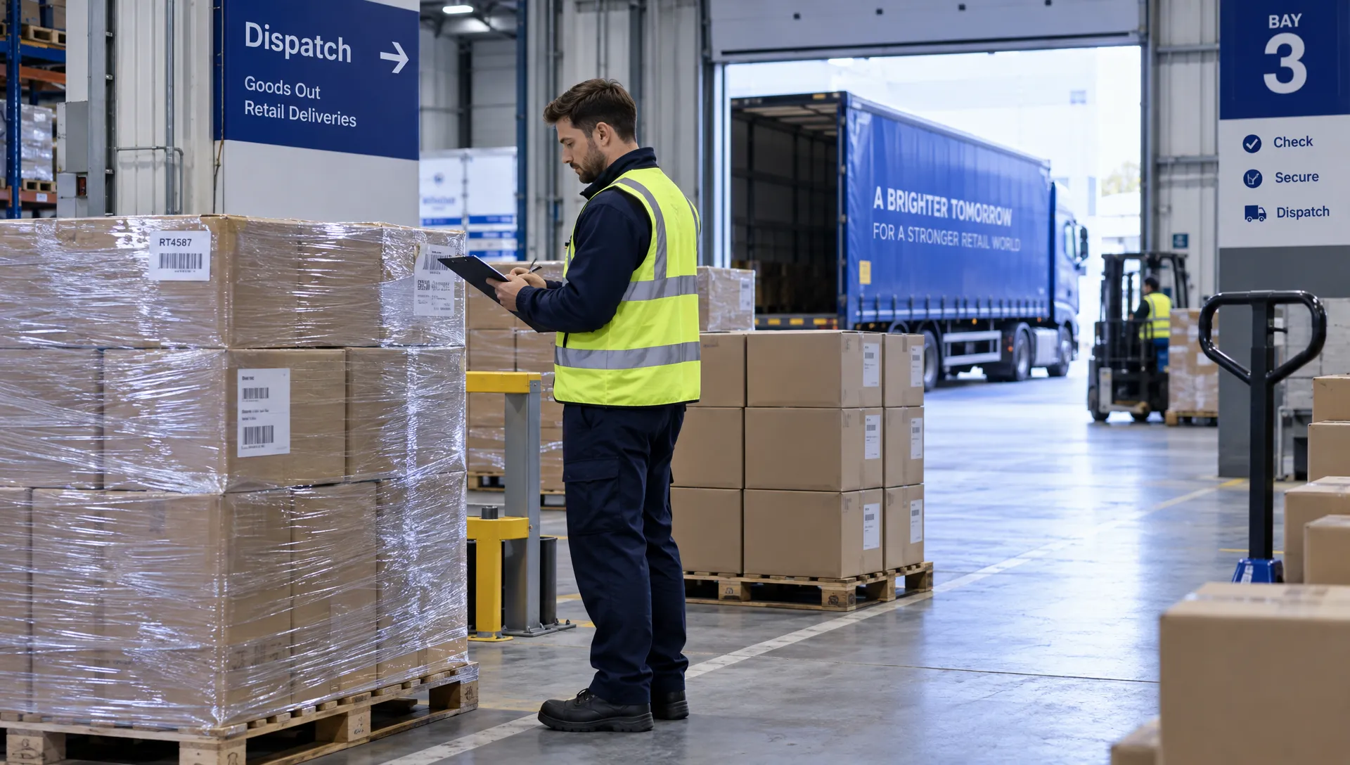 What Are Retailer Routing Guides and Why Do Suppliers Need to Follow Them? 1 A warehouse operative checks securely wrapped pallets and plain cartons in a dispatch lane before a retailer delivery is released.