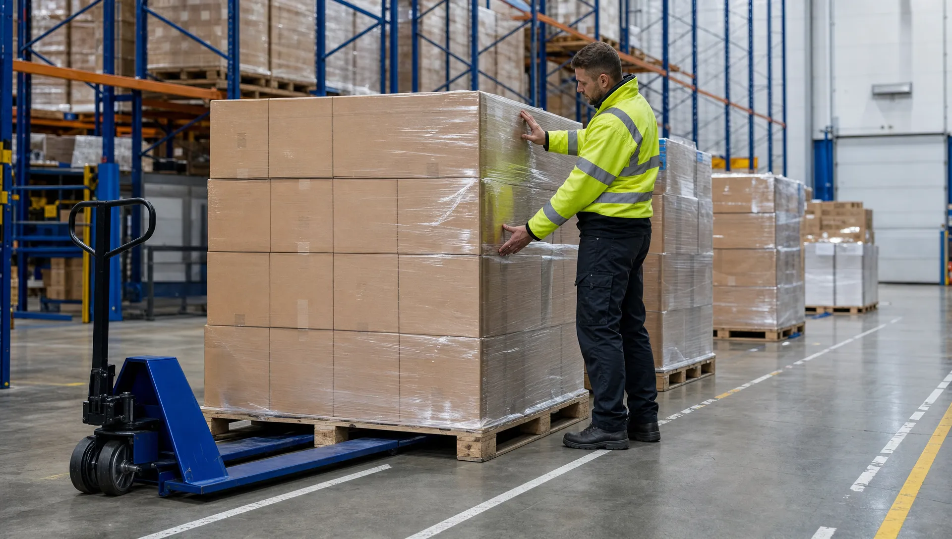 A warehouse operative checks wrapped pallets staged for supermarket distribution centre delivery.