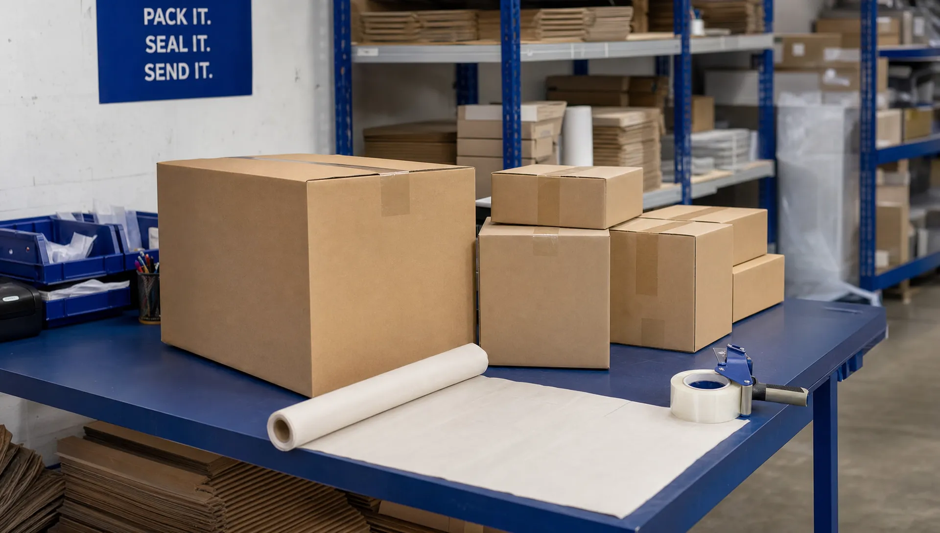 What Is Order Consolidation and How Can It Reduce Fulfilment and Delivery Costs? 1 A warehouse packing bench shows several plain boxes beside one larger carton, with protective paper and a tape dispenser ready for consolidation.