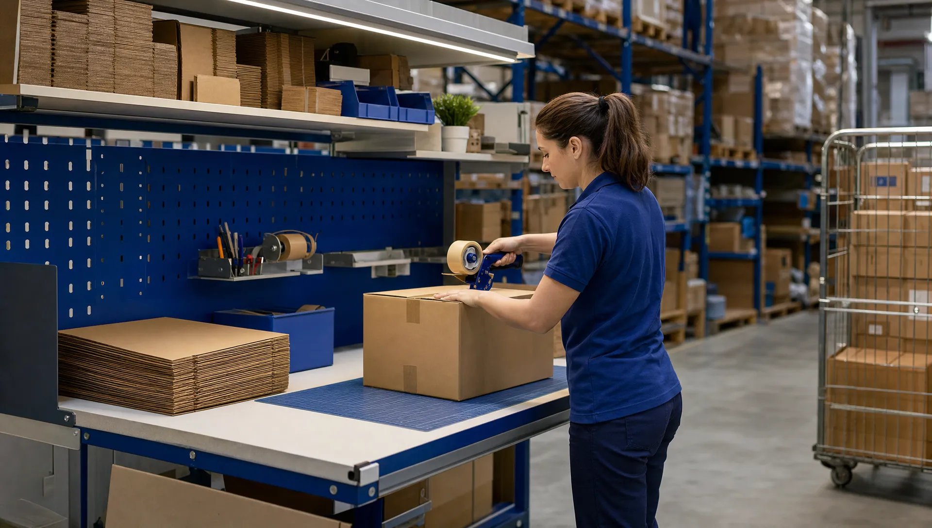 What Is Blind Shipping and When Do Businesses Use It? 1 A warehouse packing bench with plain cartons and unbranded tape, where a worker prepares a blind shipping order.