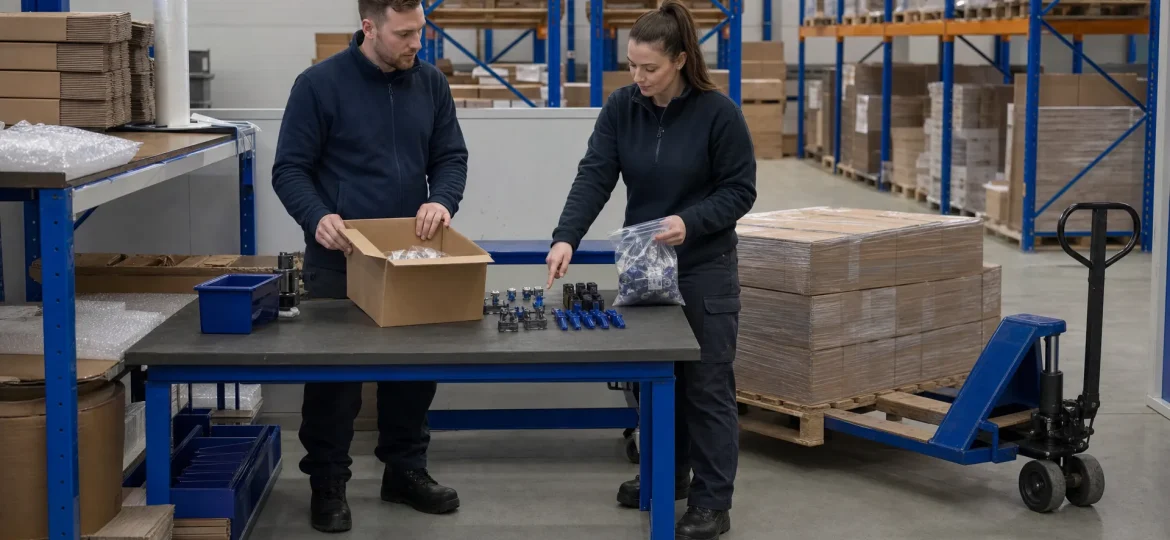 A warehouse supervisor and operative check a bundle sample before sealing cartons for dispatch.