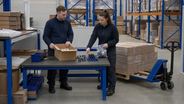 A warehouse supervisor and operative check a bundle sample before sealing cartons for dispatch.