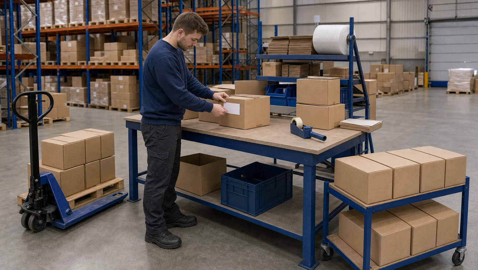 How Can I Get Products Relabelled Before They Go on Sale? 1 A warehouse worker applies a replacement label to a plain carton beside trays for waiting and completed packs.