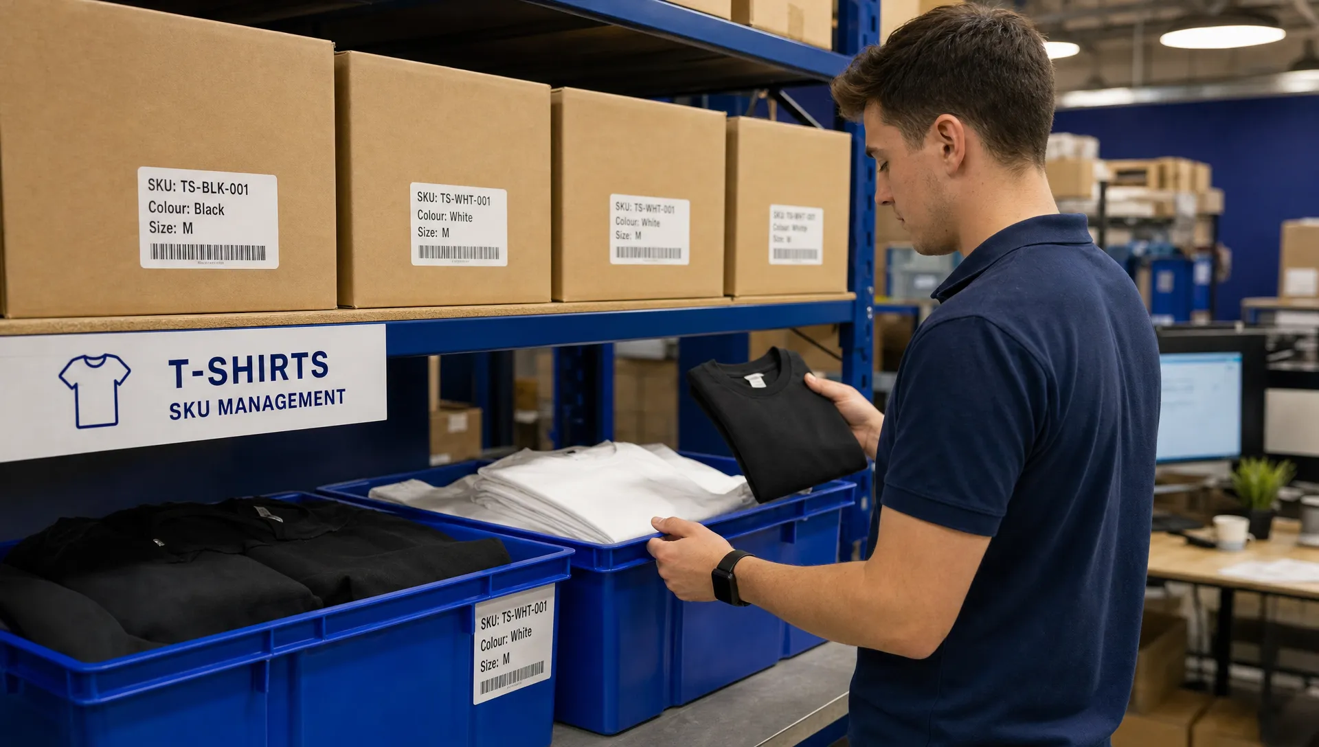 What Is SKU Management and Why Does It Matter in Fulfilment? 1 A warehouse worker checks black and white T-shirts in separate storage bins beside plain cartons, showing SKU management for product variations.