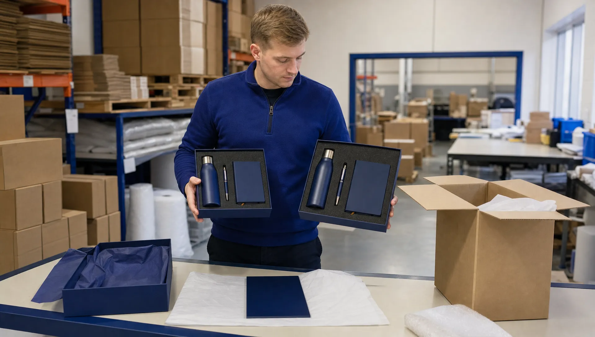 How Can I Sell Gift Sets Without Packing Every Box Myself? 1 A warehouse worker compares a finished gift set with an approved sample beside plain boxes and packing materials.