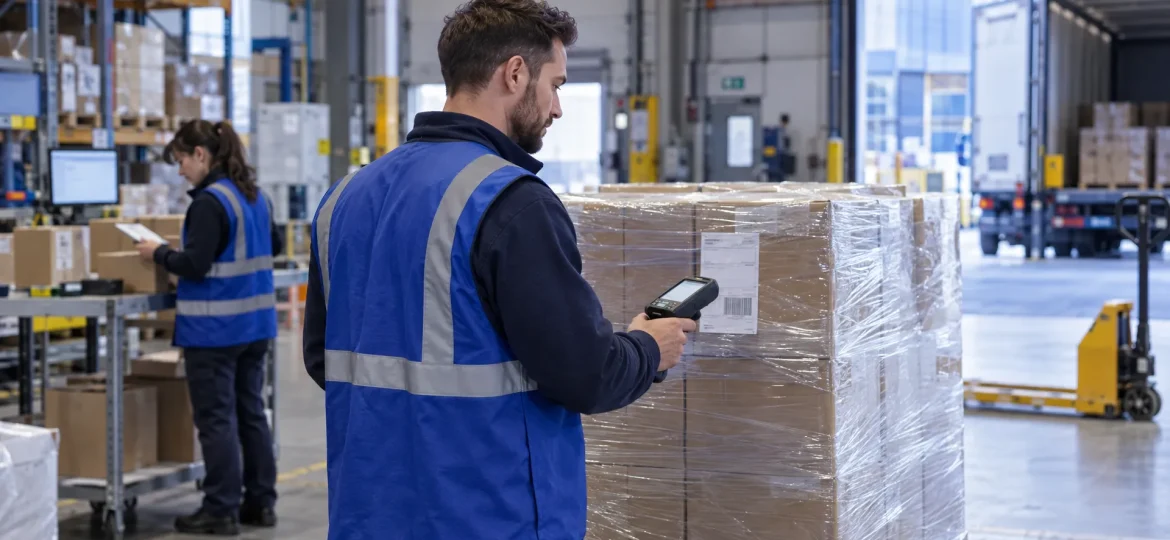 A warehouse worker scans a pallet label before dispatch while a colleague checks nearby cartons for an accurate retailer shipment.