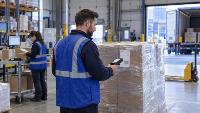 A warehouse worker scans a pallet label before dispatch while a colleague checks nearby cartons for an accurate retailer shipment.
