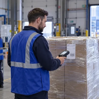 A warehouse worker scans a pallet label before dispatch while a colleague checks nearby cartons for an accurate retailer shipment.