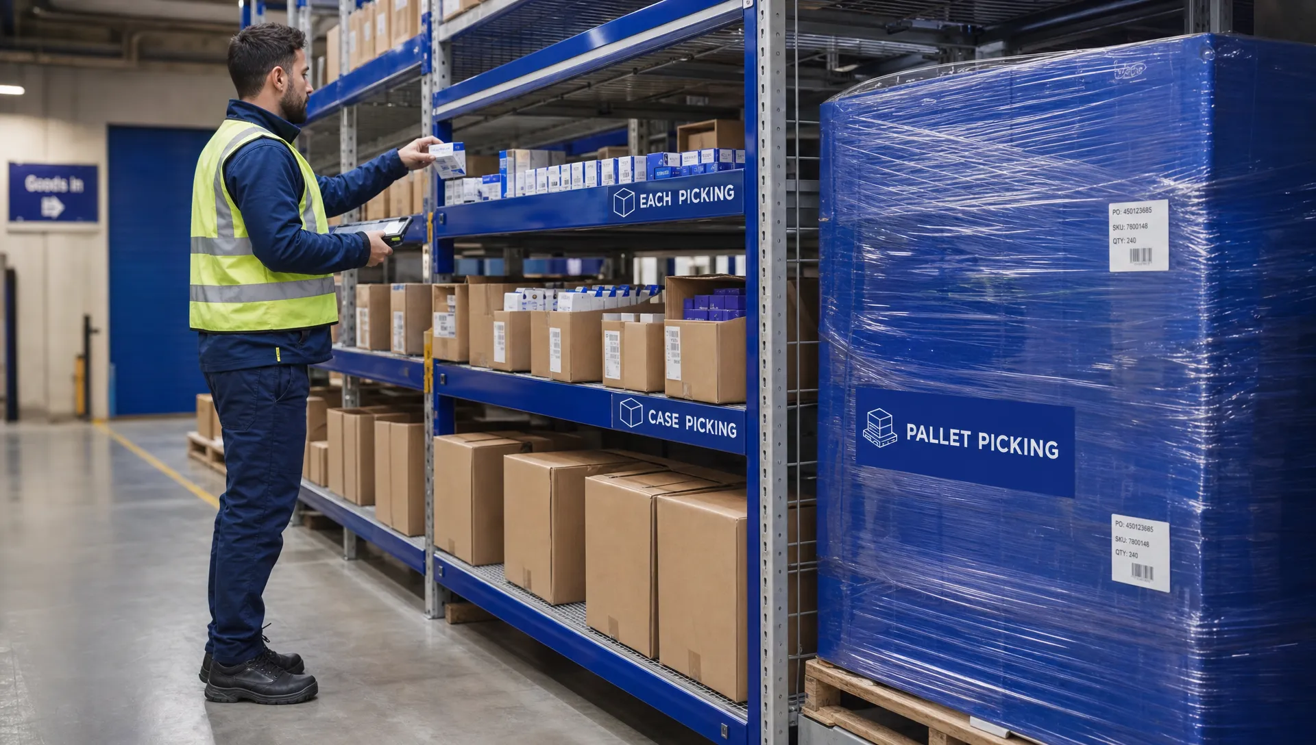 A worker selects individual products from a warehouse shelf beside closed cases and a wrapped pallet, showing each, case and pallet picking in one storage area.