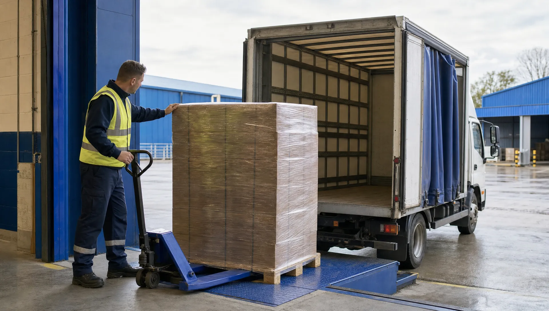 How Do I Get an Urgent Pallet Delivered When My Usual Courier Can't Help? 1 A wrapped pallet is checked beside a rigid truck at a UK warehouse loading bay.
