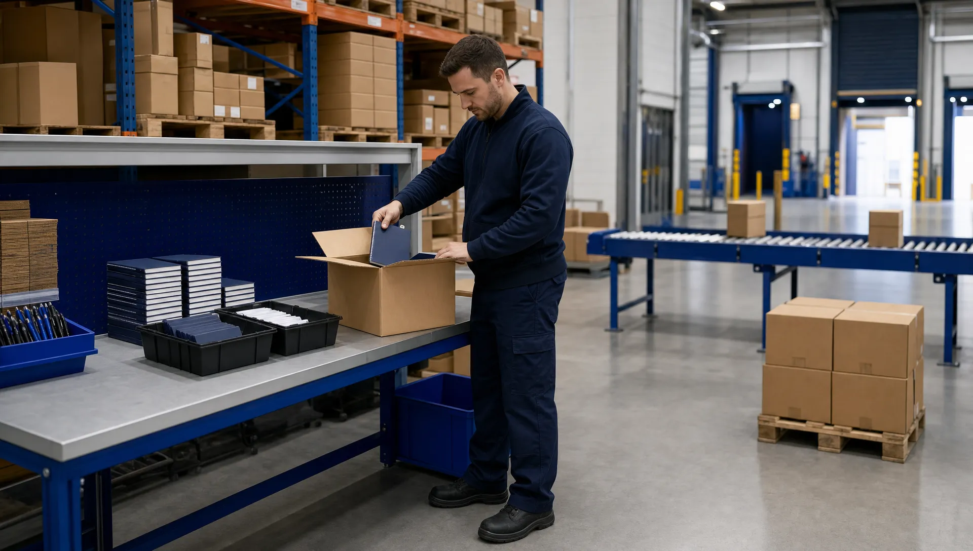 How Can I Sell Products in Bundles Without Assembling Every Order Myself? 1 An operative assembles a stationery bundle in a UK warehouse beside trays of notebooks and pens.