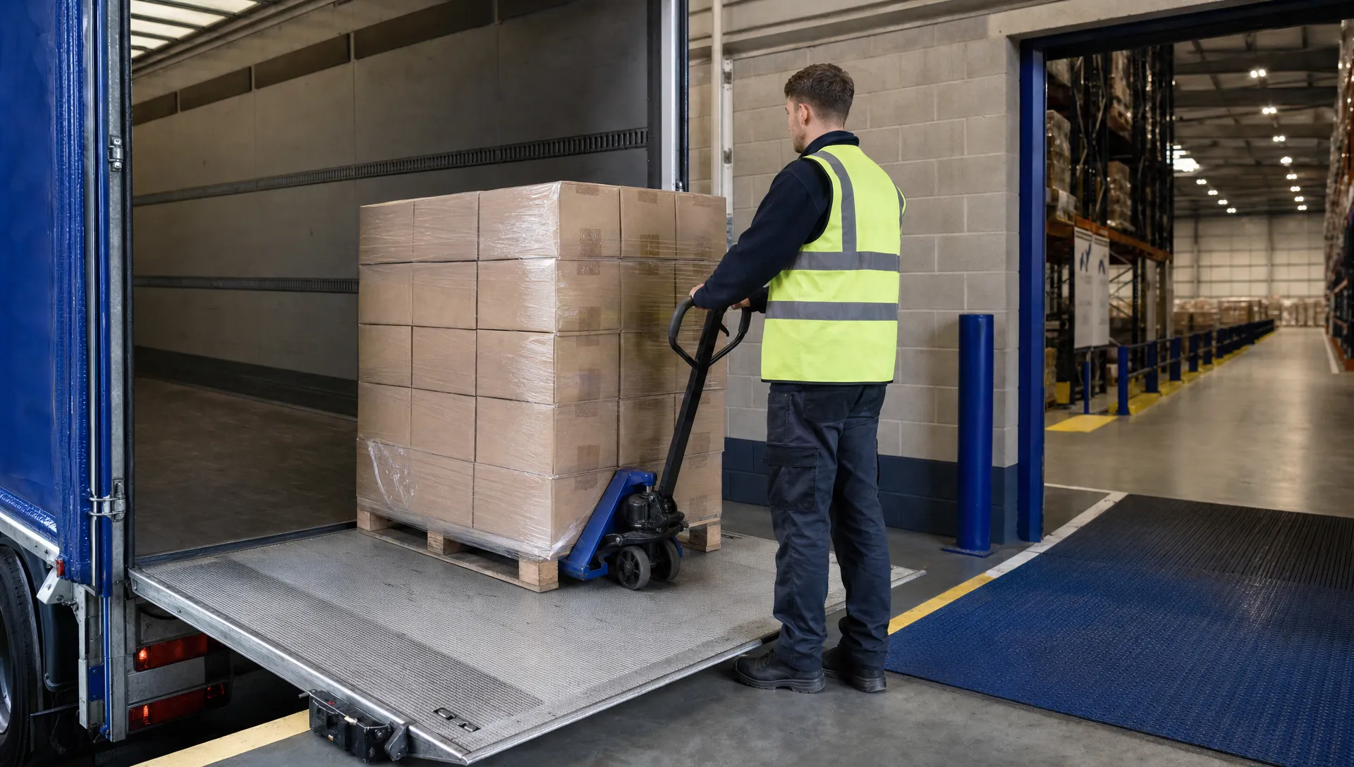 An operative checks a pallet of sealed cartons at a UK warehouse loading bay during a supplier to warehouse delivery.