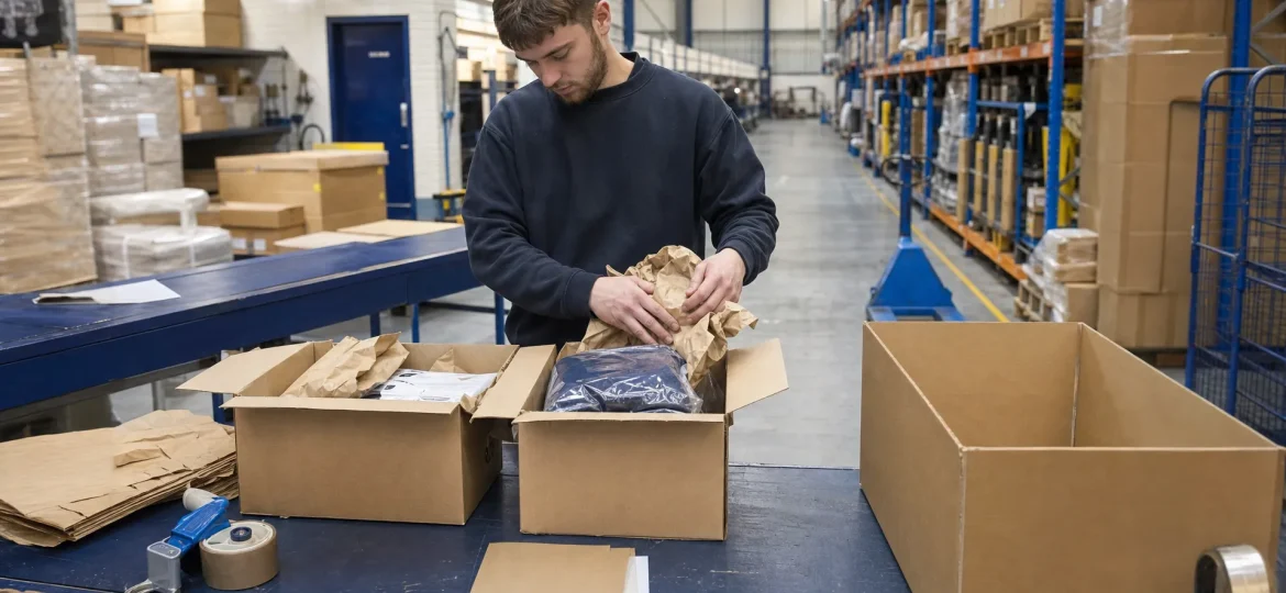 An operative combines two customer orders into one parcel at a warehouse packing bench, with plain cartons, packing materials and staged stock around them.