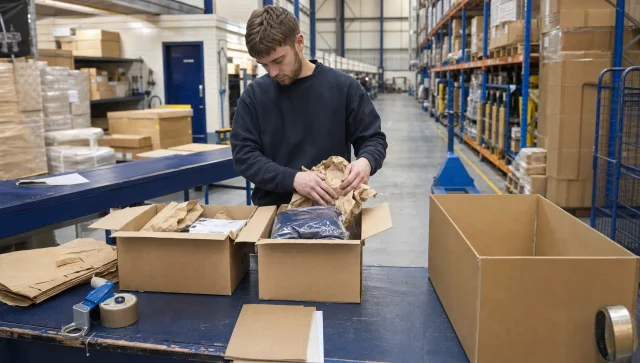 An operative combines two customer orders into one parcel at a warehouse packing bench, with plain cartons, packing materials and staged stock around them.