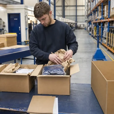 An operative combines two customer orders into one parcel at a warehouse packing bench, with plain cartons, packing materials and staged stock around them.