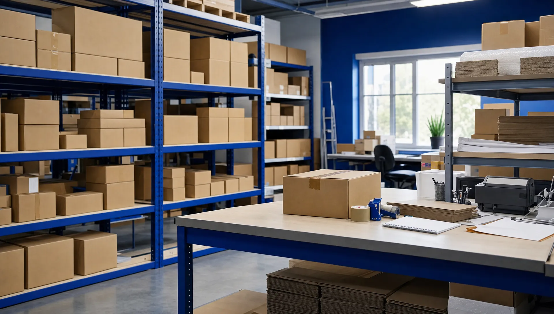 Can I Run an Online Shop Without Keeping Stock at Home? 1 An organised warehouse with plain cartons on shelving and an unbranded packing bench supports an online shop's stock.