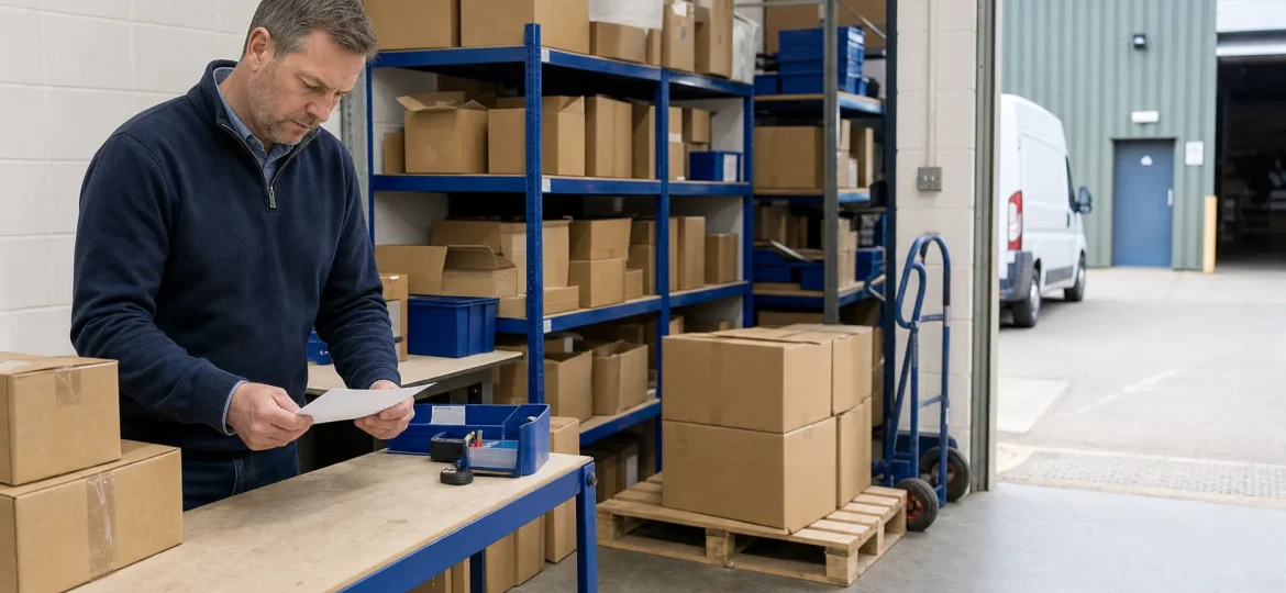An owner checks incoming cartons in a stockroom that feeds a supplier to warehouse delivery setup.