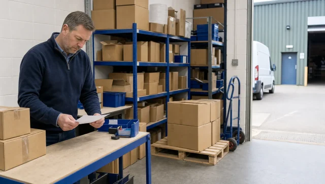 An owner checks incoming cartons in a stockroom that feeds a supplier to warehouse delivery setup.