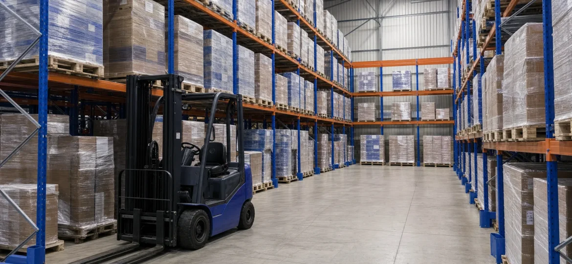 Full pallets sit in the racking of a UK warehouse, illustrating where stock for pallet picking is stored before dispatch.