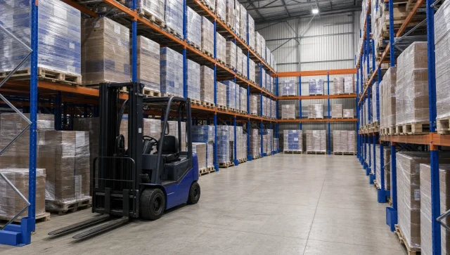 Full pallets sit in the racking of a UK warehouse, illustrating where stock for pallet picking is stored before dispatch.