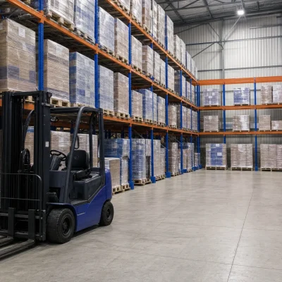 Full pallets sit in the racking of a UK warehouse, illustrating where stock for pallet picking is stored before dispatch.