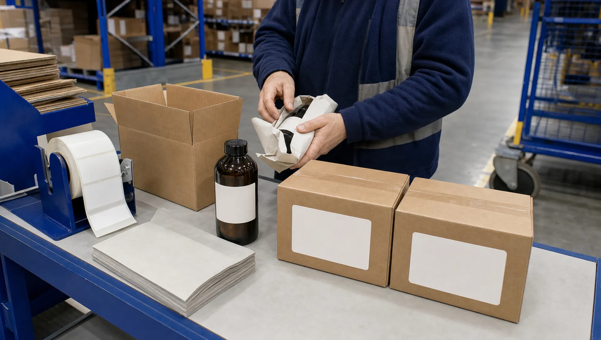 How Can I Get Products Packed and Labelled Without Hiring Extra Staff? 1 Plain cartons, blank labels and finished packs sit on a warehouse bench for inspection.