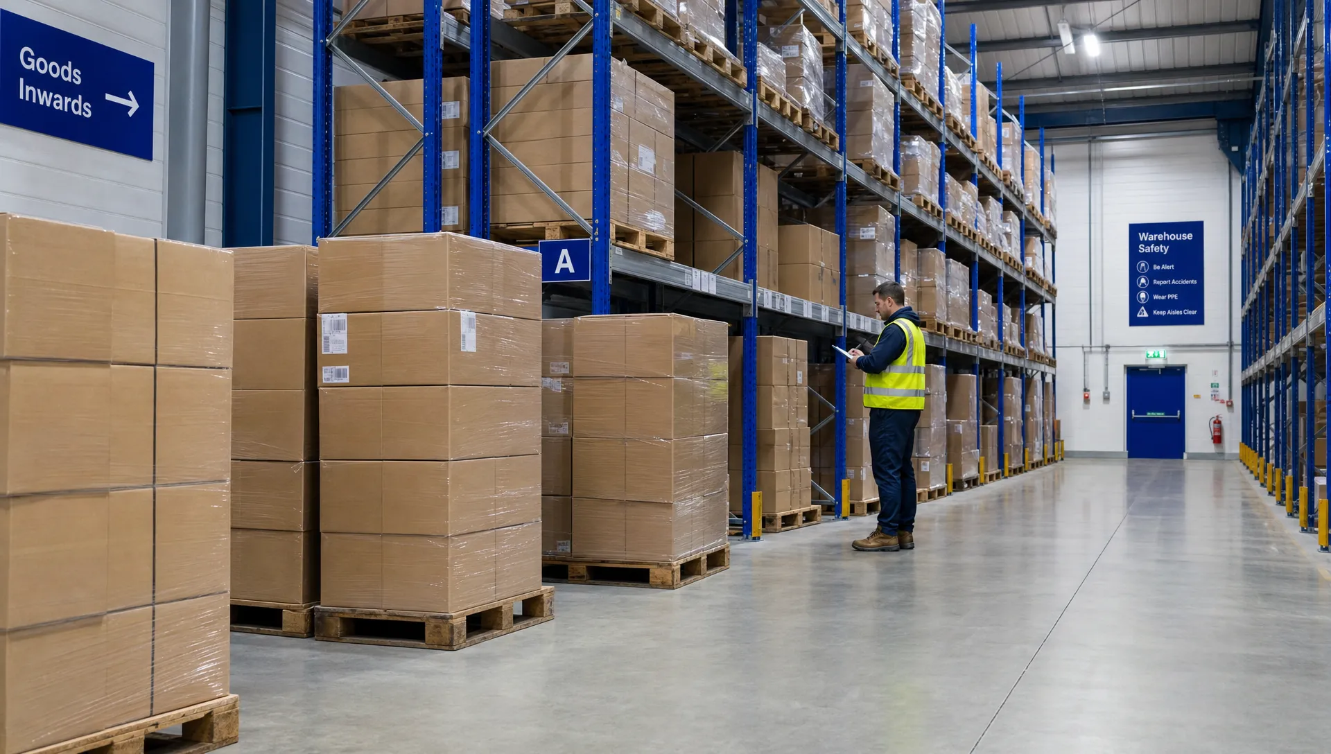 I'm Running Out of Space to Store My Products - What Can I Do? 1 Plain cartons on wrapped pallets sit beside clear aisle space while a worker checks stock in a UK warehouse storage area.