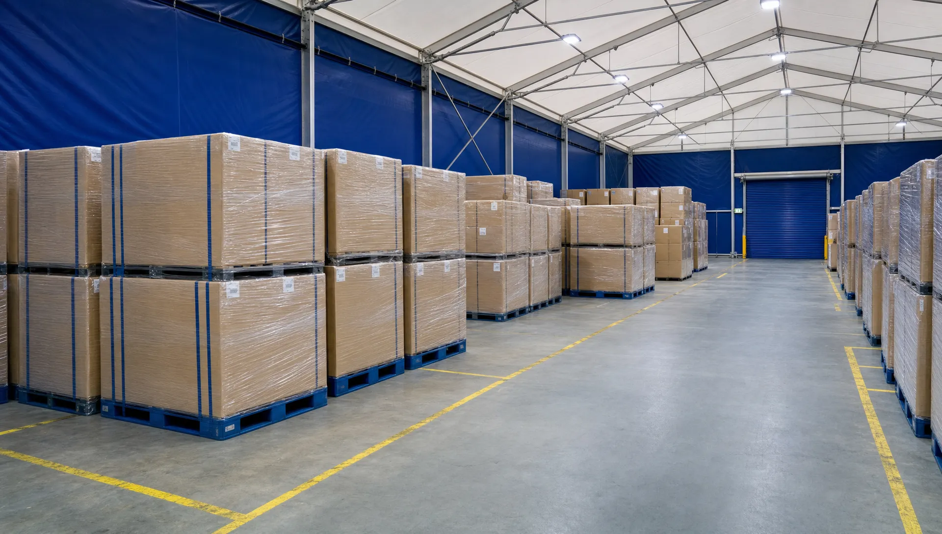 My Supplier Has Delivered Stock Early and I Have Nowhere to Put It - What Are My Options? 1 Plain cartons wrapped on pallets sit in a temporary warehouse storage bay with clear aisles around them.