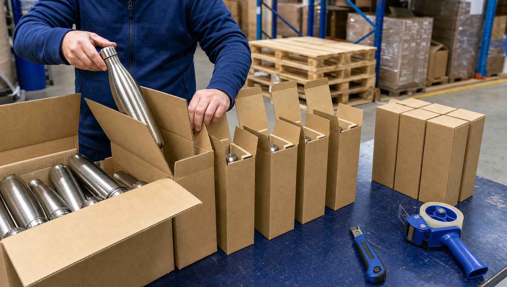 My Products Have Arrived in Bulk but Need Packing Individually - What Can I Do? 1 Plain metal bottles are being repacked into individual cardboard boxes on a warehouse bench.