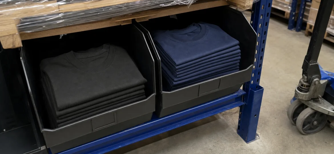 Separate storage bins hold black and navy T-shirts in a warehouse aisle, illustrating SKU differences.
